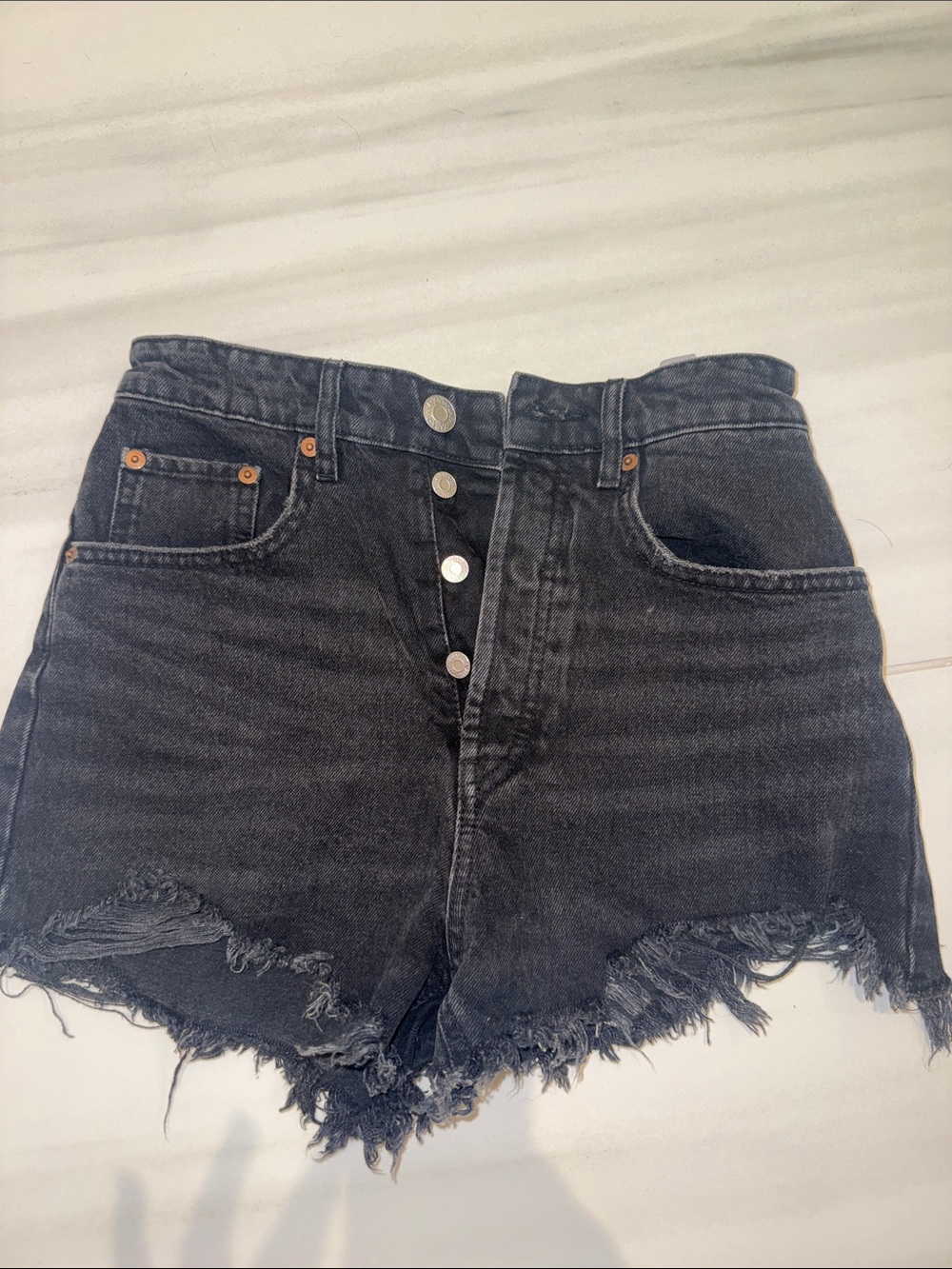Zara Black Distressed High-Waist Denim Shorts